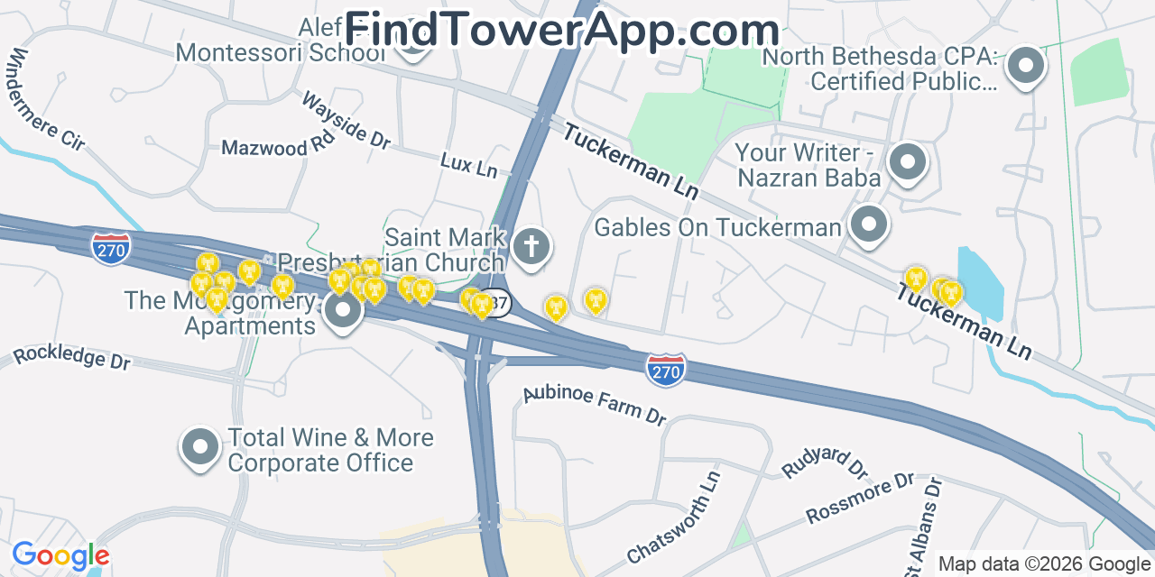 Map showing the 20 primary cell tower locations detected in North Bethesda, Maryland from AT&T, Verizon, and T-Mobile networks