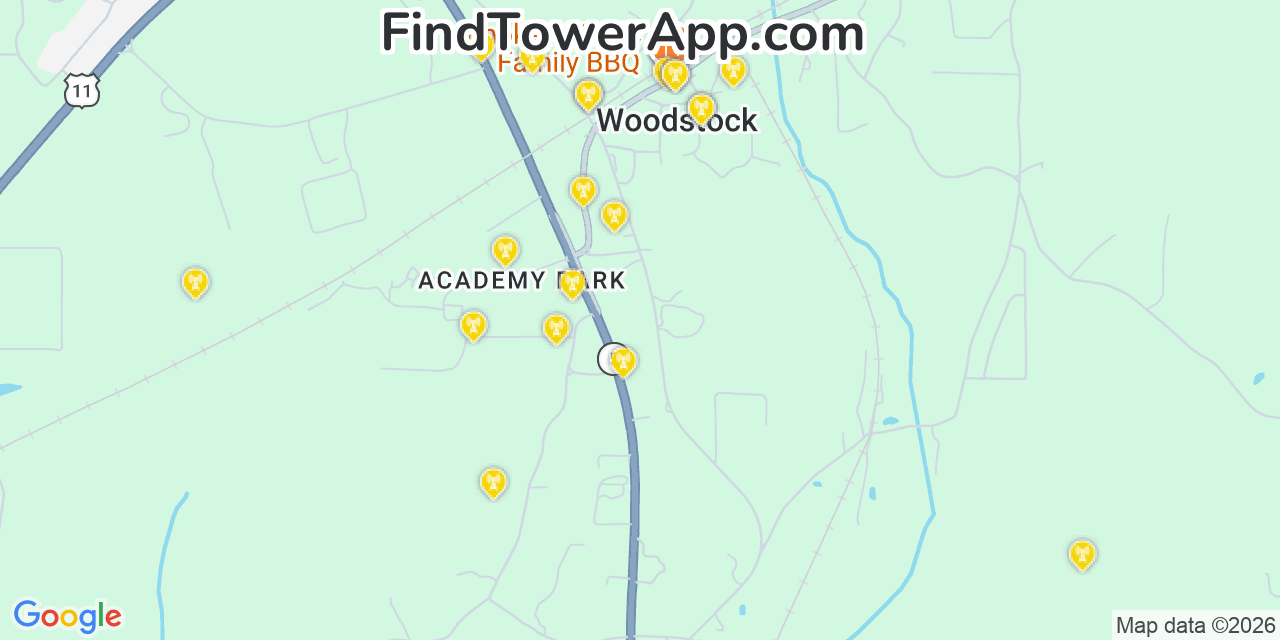 Map showing the 20 primary cell tower locations detected in North Bibb, Alabama from AT&T, Verizon, and T-Mobile networks