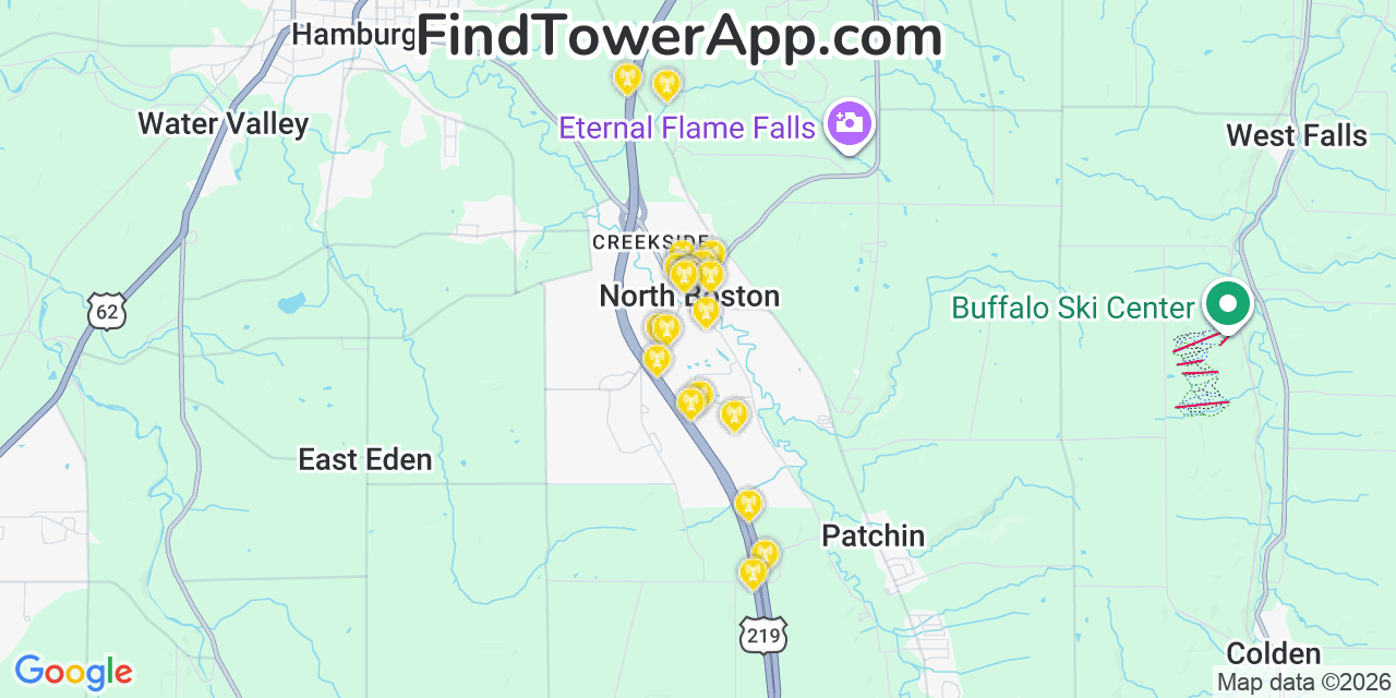 Map showing the 20 primary cell tower locations detected in North Boston, New York from AT&T, Verizon, and T-Mobile networks
