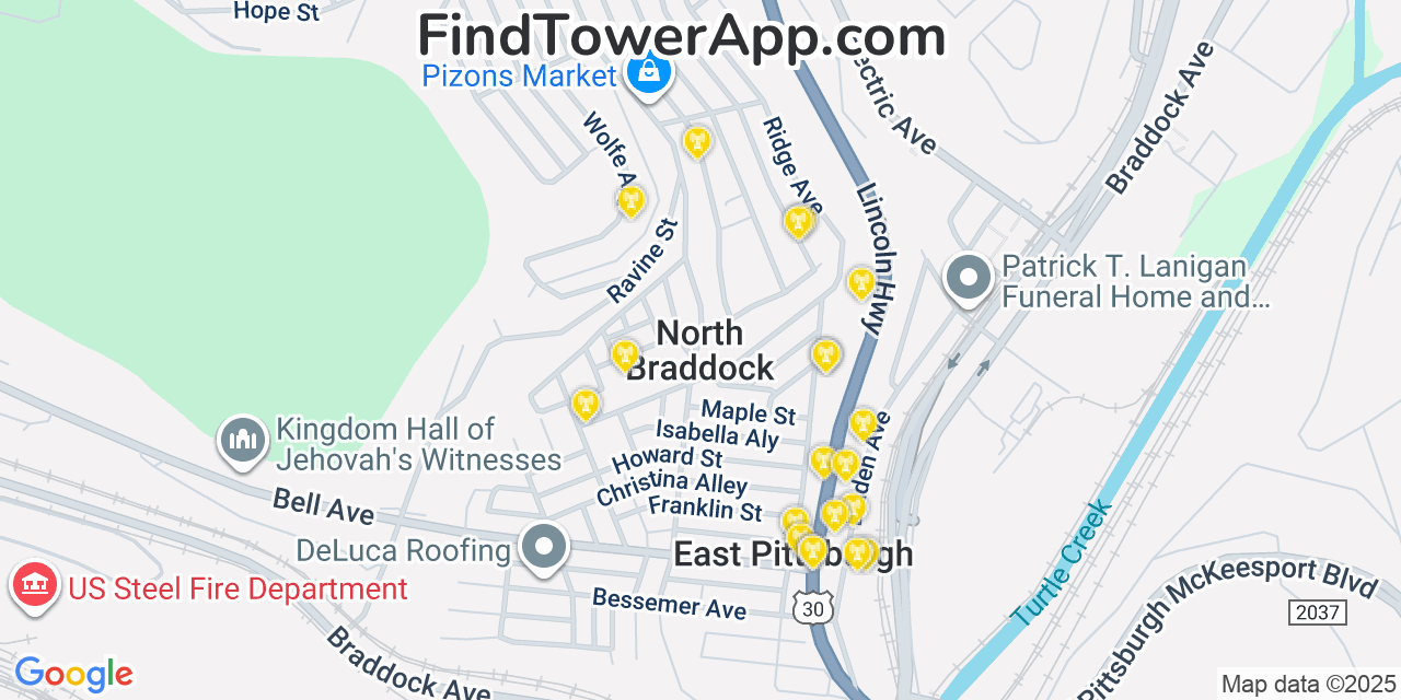 Map showing the 20 primary cell tower locations detected in North Braddock, Pennsylvania from AT&T, Verizon, and T-Mobile networks