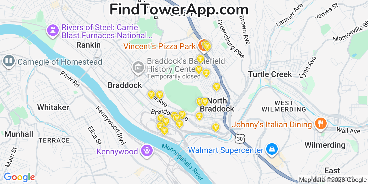 Map showing the 20 primary cell tower locations detected in North Braddock, Pennsylvania from AT&T, Verizon, and T-Mobile networks