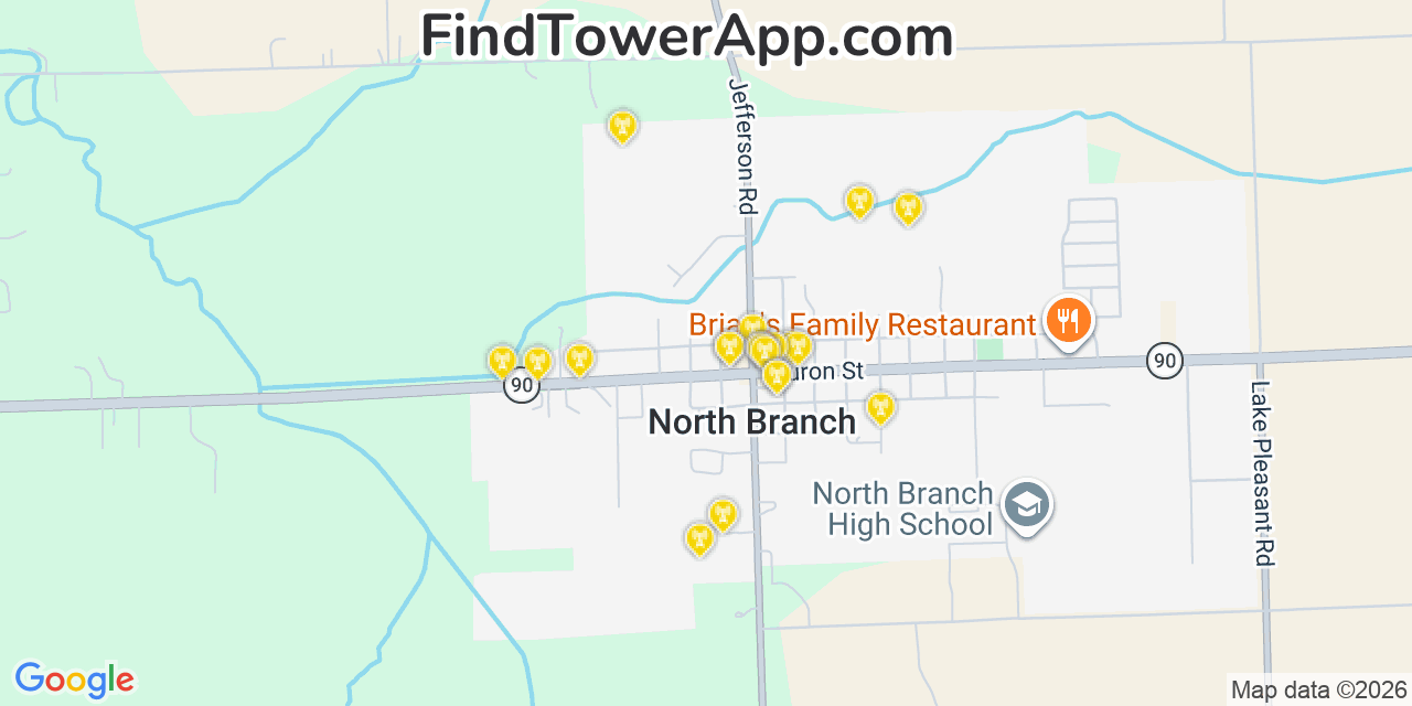 Map showing the 20 primary cell tower locations detected in North Branch, Michigan from AT&T, Verizon, and T-Mobile networks