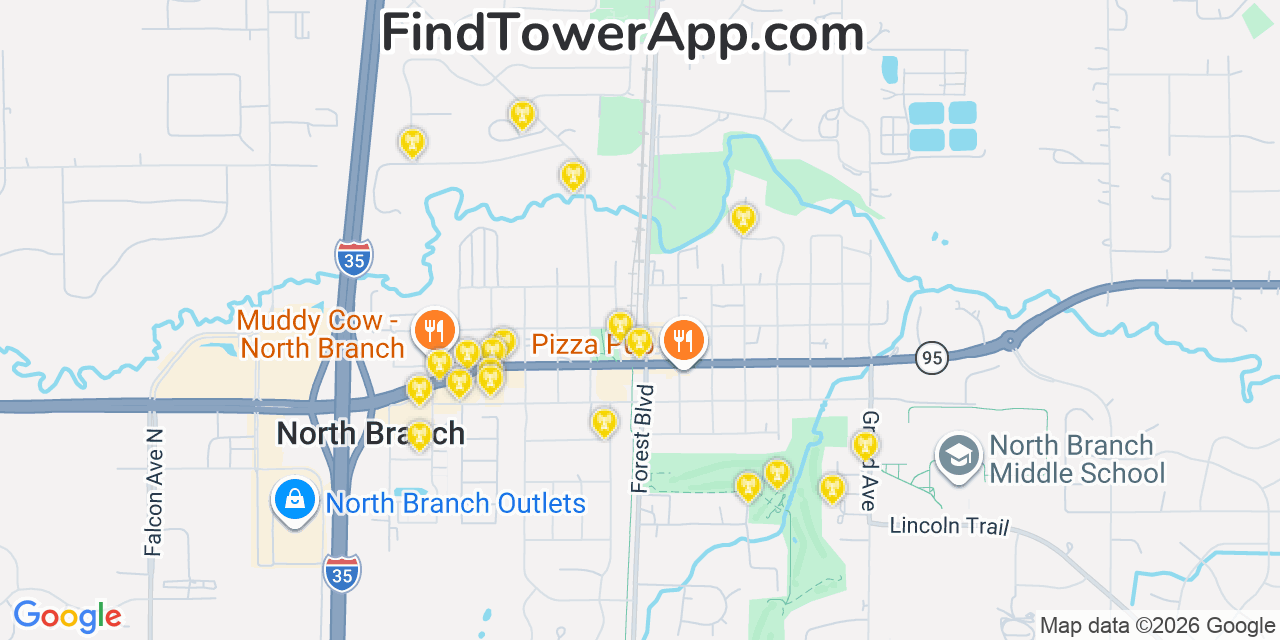 Map showing the 20 primary cell tower locations detected in North Branch, Minnesota from AT&T, Verizon, and T-Mobile networks