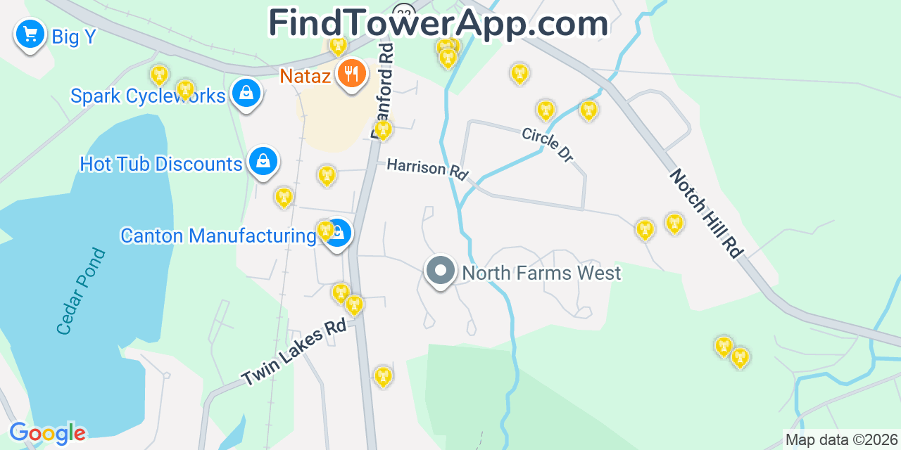 Map showing the 20 primary cell tower locations detected in North Branford, Connecticut from AT&T, Verizon, and T-Mobile networks