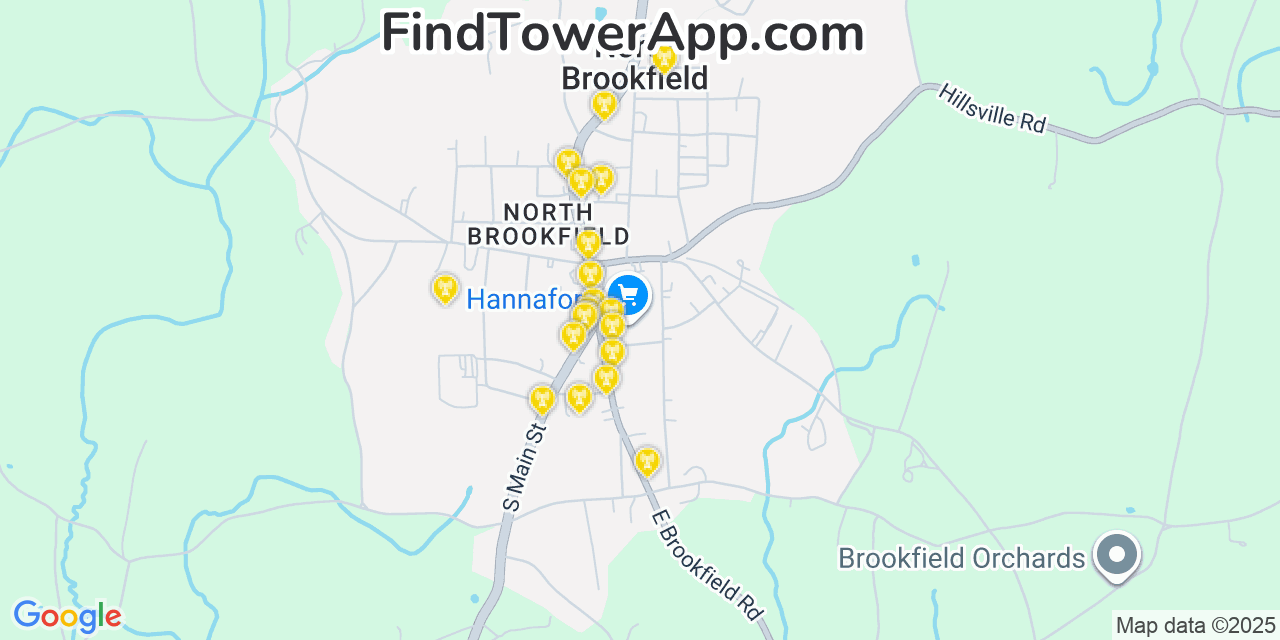 Map showing the 20 primary cell tower locations detected in North Brookfield, Massachusetts from AT&T, Verizon, and T-Mobile networks