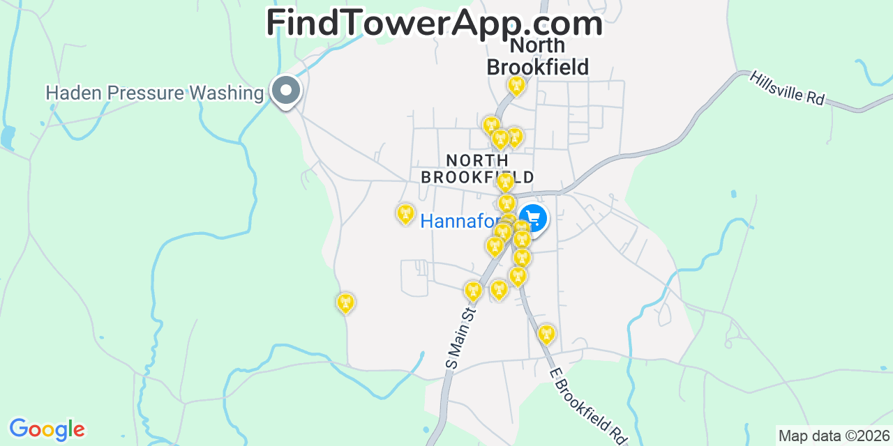 Map showing the 20 primary cell tower locations detected in North Brookfield, Massachusetts from AT&T, Verizon, and T-Mobile networks