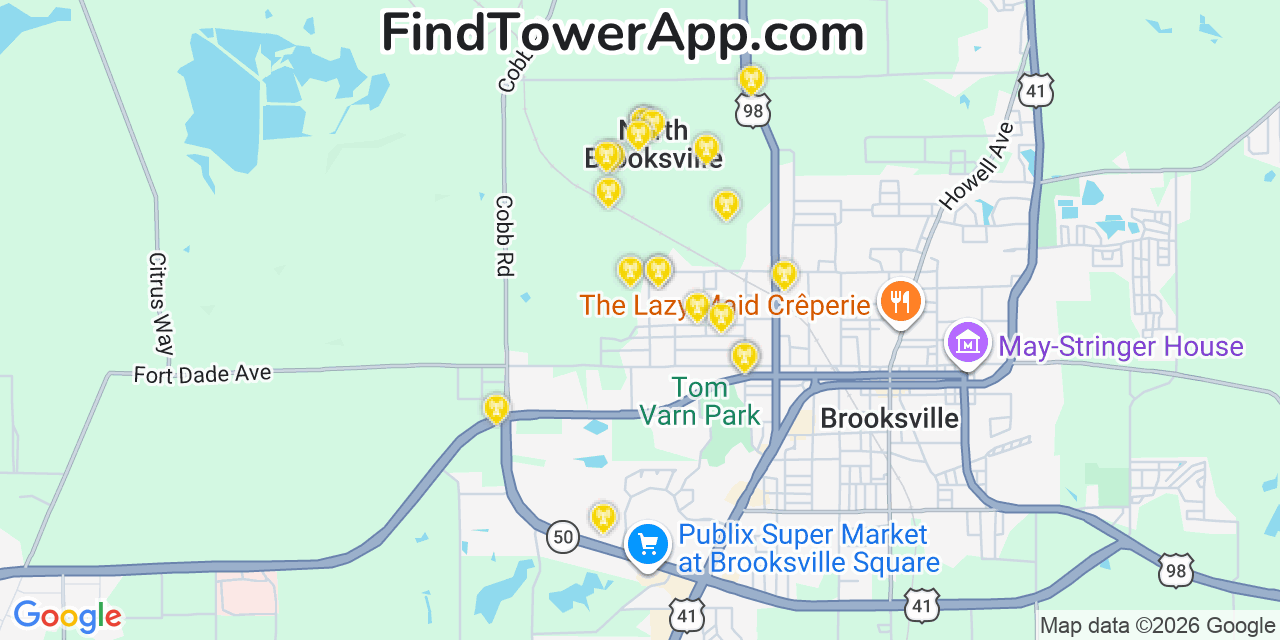 Map showing the 20 primary cell tower locations detected in North Brooksville, Florida from AT&T, Verizon, and T-Mobile networks