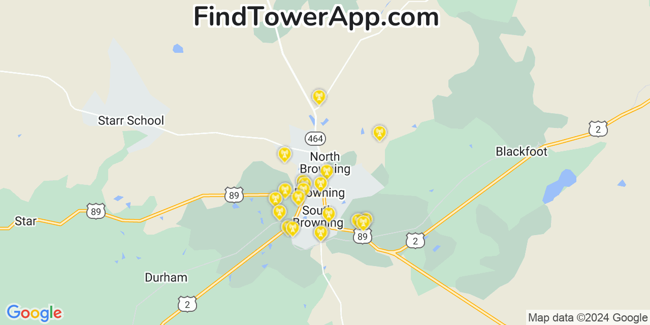 AT&T 4G/5G cell tower coverage map North Browning, Montana