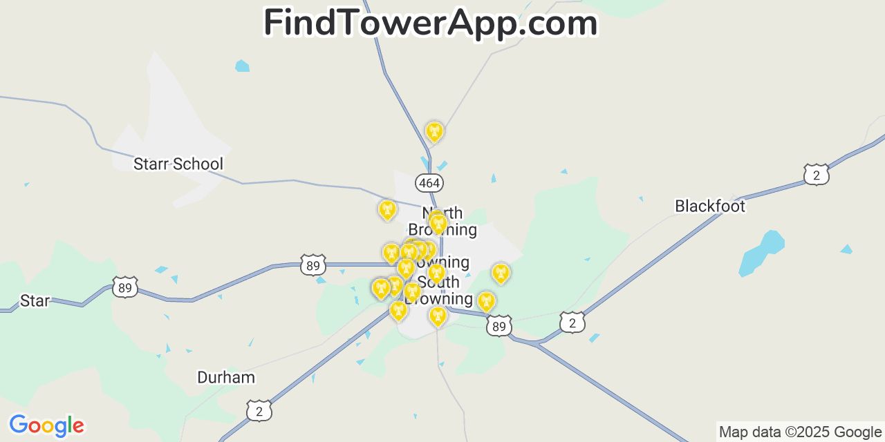 Map showing the 20 primary cell tower locations detected in North Browning, Montana from AT&T, Verizon, and T-Mobile networks