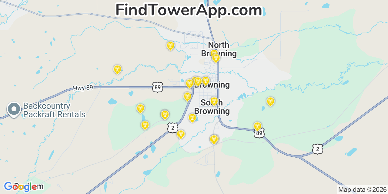 Map showing the 20 primary cell tower locations detected in North Browning, Montana from AT&T, Verizon, and T-Mobile networks