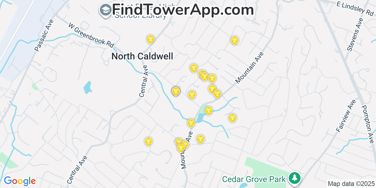 Map showing the 20 primary cell tower locations detected in North Caldwell, New Jersey from AT&T, Verizon, and T-Mobile networks