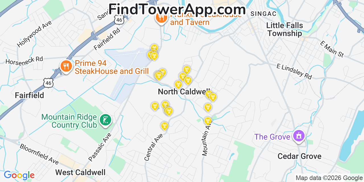 Map showing the 20 primary cell tower locations detected in North Caldwell, New Jersey from AT&T, Verizon, and T-Mobile networks