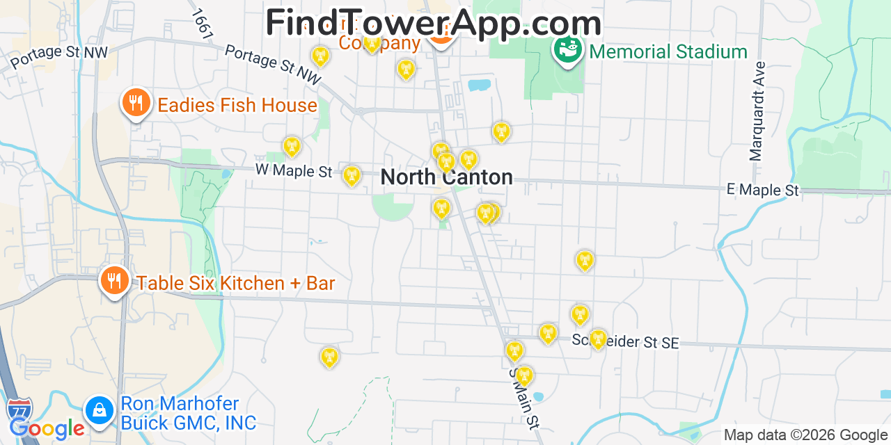 Map showing the 20 primary cell tower locations detected in North Canton, Ohio from AT&T, Verizon, and T-Mobile networks