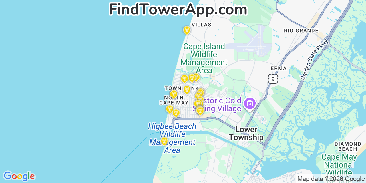 Map showing the 20 primary cell tower locations detected in North Cape May, New Jersey from AT&T, Verizon, and T-Mobile networks