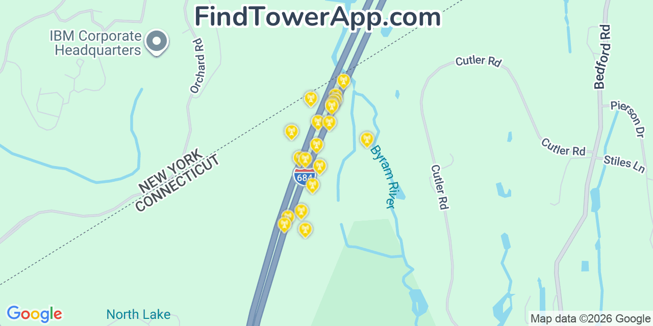 Map showing the 20 primary cell tower locations detected in North Castle, New York from AT&T, Verizon, and T-Mobile networks