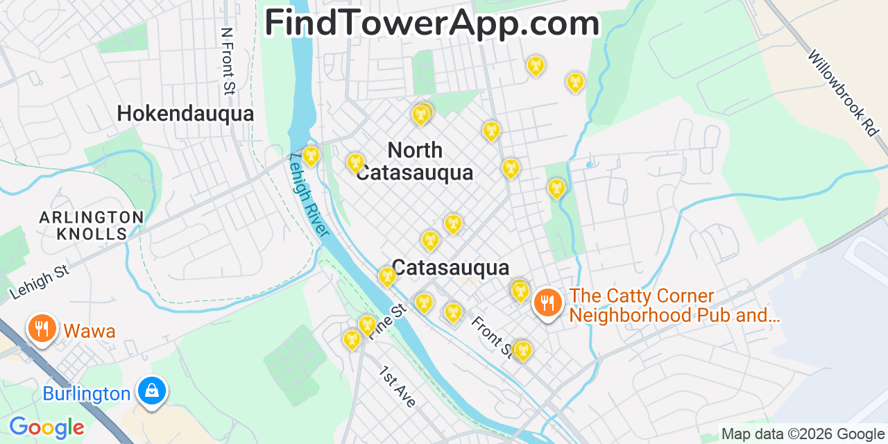 Map showing the 20 primary cell tower locations detected in North Catasauqua, Pennsylvania from AT&T, Verizon, and T-Mobile networks