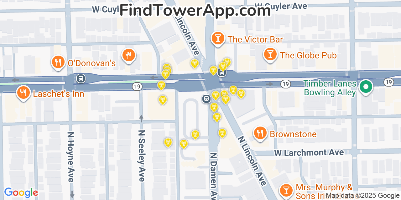 Map showing the 20 primary cell tower locations detected in North Center, Illinois from AT&T, Verizon, and T-Mobile networks