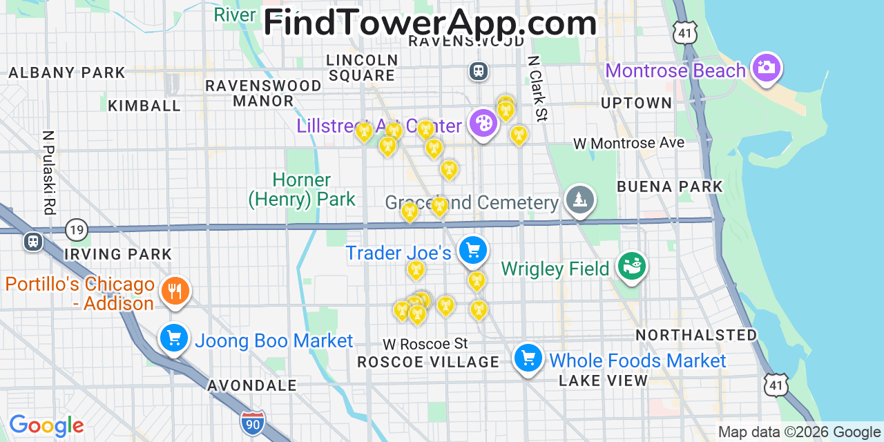 Map showing the 20 primary cell tower locations detected in North Center, Illinois from AT&T, Verizon, and T-Mobile networks