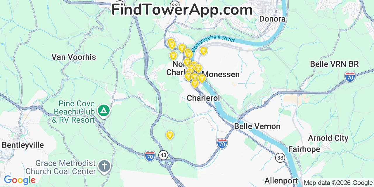 Map showing the 20 primary cell tower locations detected in North Charleroi, Pennsylvania from AT&T, Verizon, and T-Mobile networks