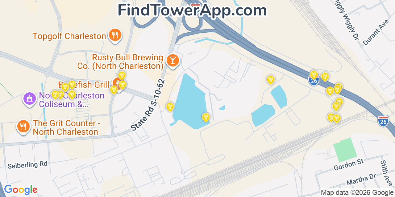 Map showing the 20 primary cell tower locations detected in North Charleston, South Carolina from AT&T, Verizon, and T-Mobile networks