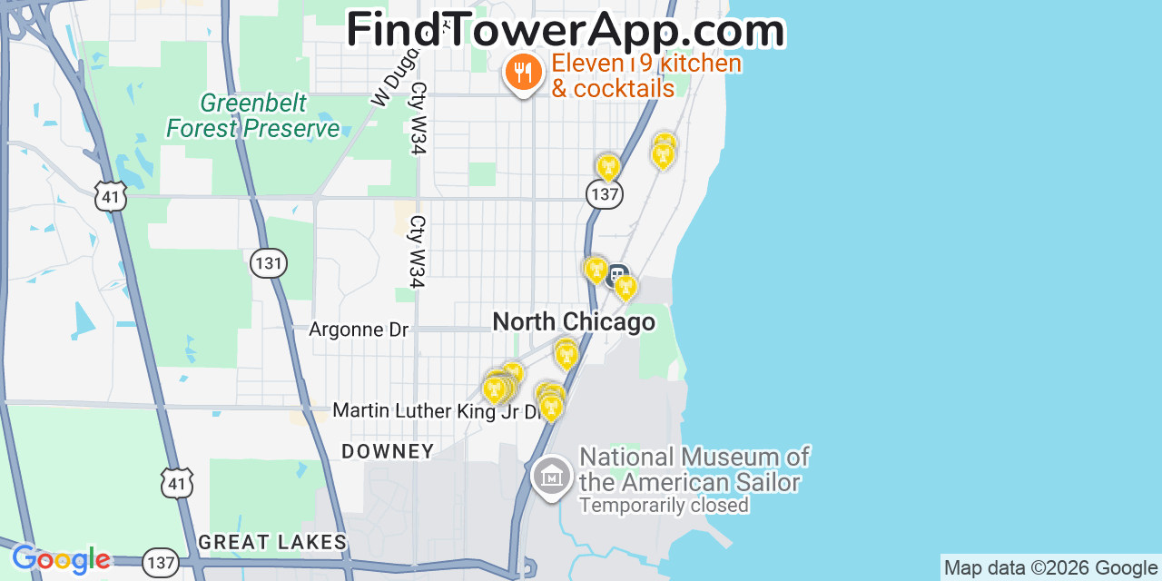 Map showing the 20 primary cell tower locations detected in North Chicago, Illinois from AT&T, Verizon, and T-Mobile networks