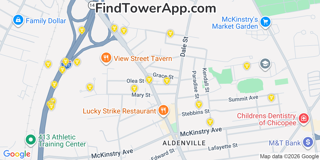 Map showing the 20 primary cell tower locations detected in North Chicopee, Massachusetts from AT&T, Verizon, and T-Mobile networks