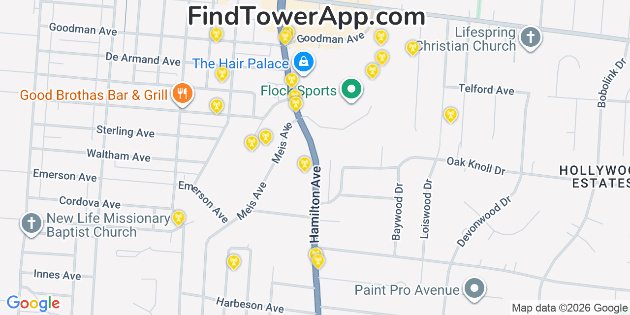Map showing the 20 primary cell tower locations detected in North College Hill, Ohio from AT&T, Verizon, and T-Mobile networks