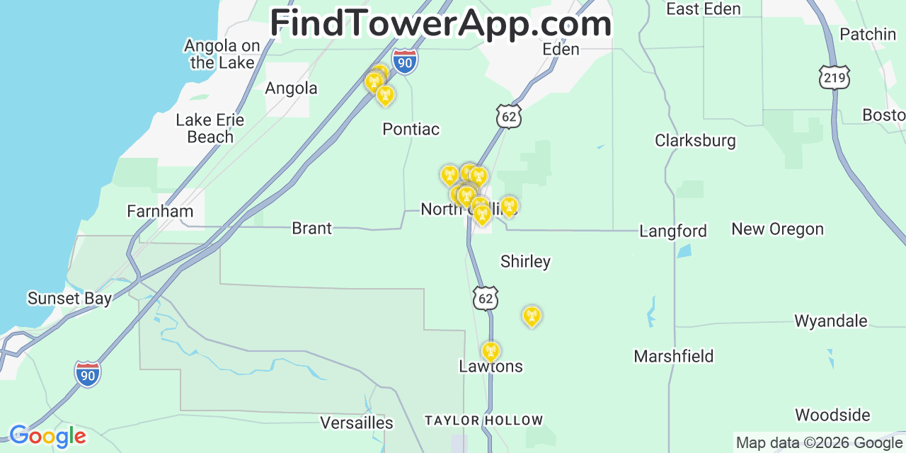 Map showing the 20 primary cell tower locations detected in North Collins, New York from AT&T, Verizon, and T-Mobile networks
