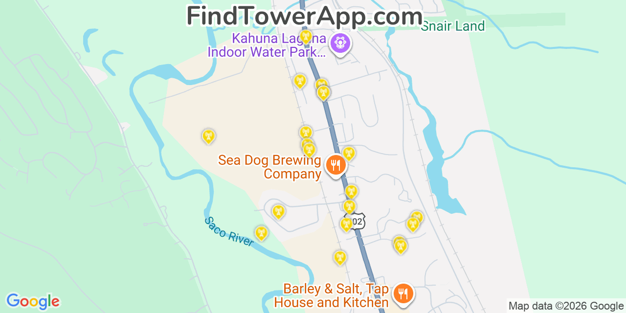 Map showing the 20 primary cell tower locations detected in North Conway, New Hampshire from AT&T, Verizon, and T-Mobile networks