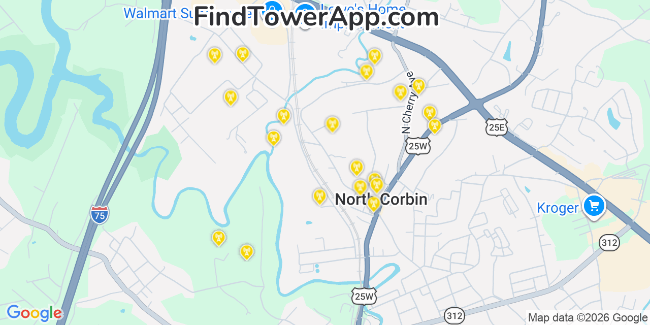 Map showing the 20 primary cell tower locations detected in North Corbin, Kentucky from AT&T, Verizon, and T-Mobile networks