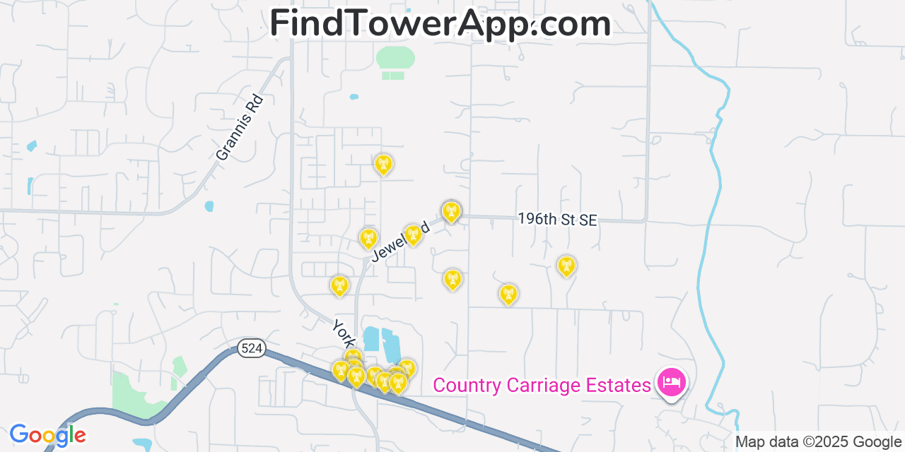 Map showing the 20 primary cell tower locations detected in North Creek, Washington from AT&T, Verizon, and T-Mobile networks