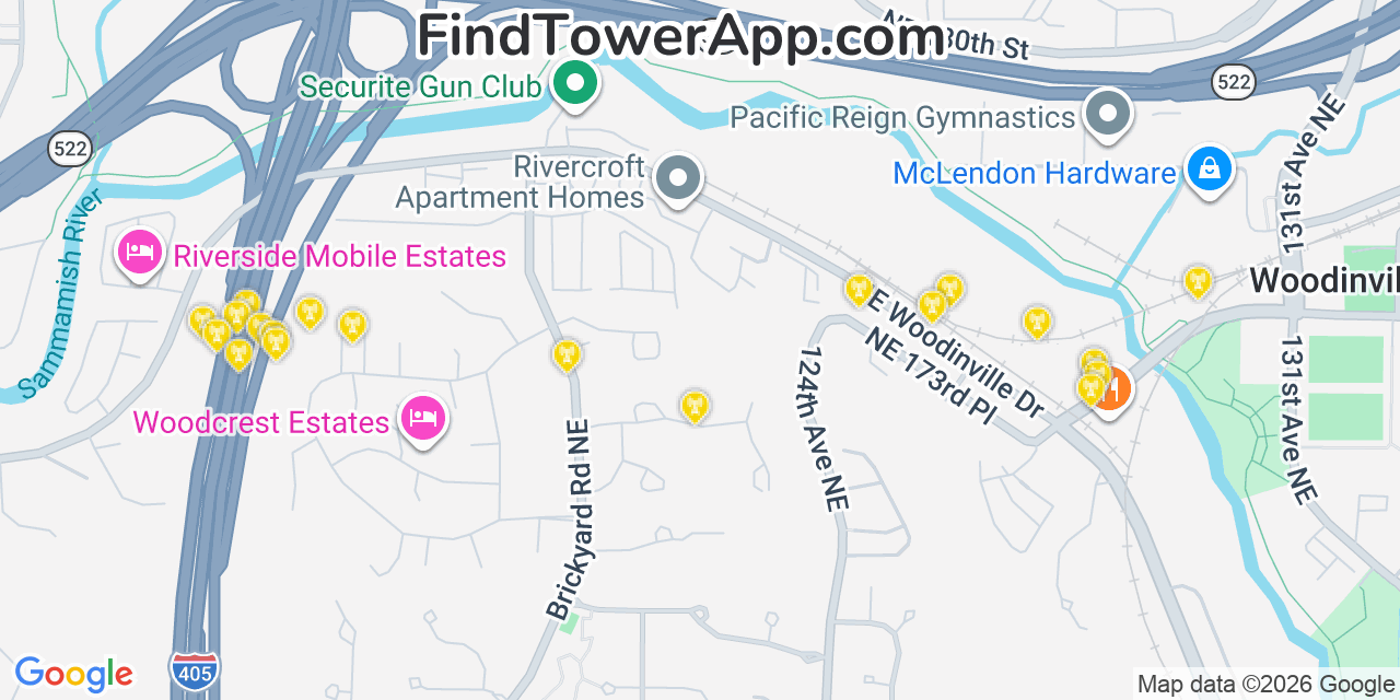 Map showing the 20 primary cell tower locations detected in North Creek, Washington from AT&T, Verizon, and T-Mobile networks