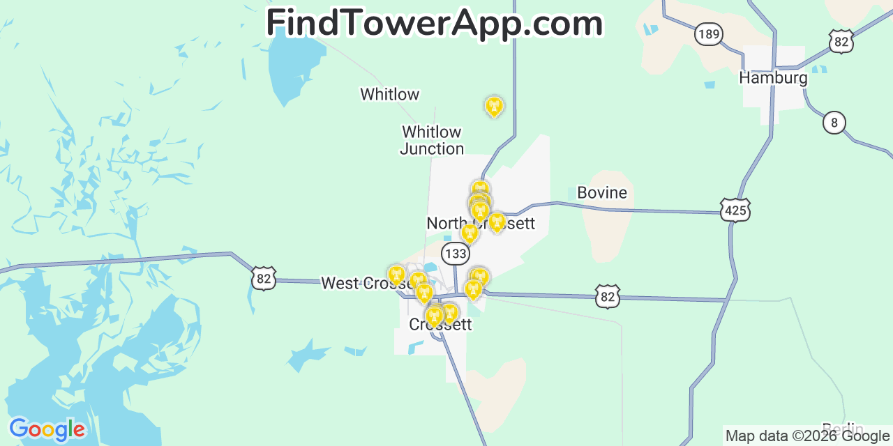 Map showing the 20 primary cell tower locations detected in North Crossett, Arkansas from AT&T, Verizon, and T-Mobile networks