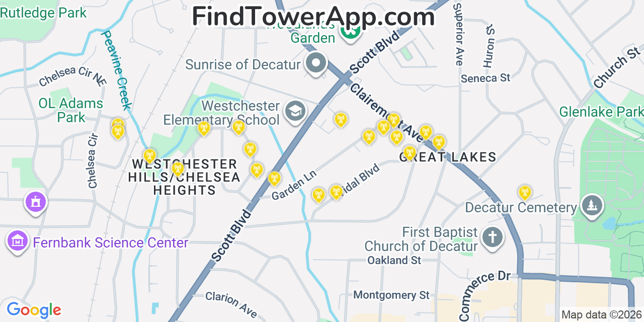 Map showing the 20 primary cell tower locations detected in North Decatur, Georgia from AT&T, Verizon, and T-Mobile networks