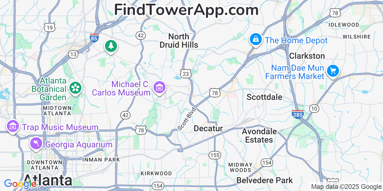 Map showing the 20 primary Mobitel cell tower locations detected in North Decatur, Georgia with coverage radius and signal strength indicators