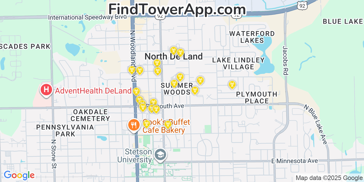 Map showing the 20 primary AT&T cell tower locations detected in North Deland, Florida with coverage radius and signal strength indicators