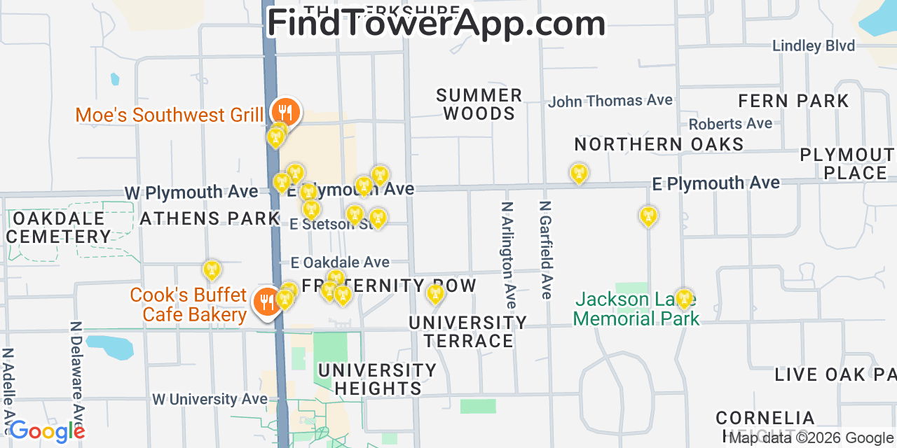 Map showing the 20 primary cell tower locations detected in North Deland, Florida from AT&T, Verizon, and T-Mobile networks