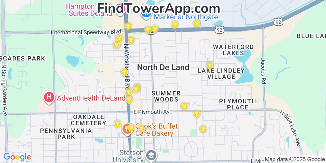 Map showing the 20 primary T-Mobile cell tower locations detected in North Deland, Florida with coverage radius and signal strength indicators