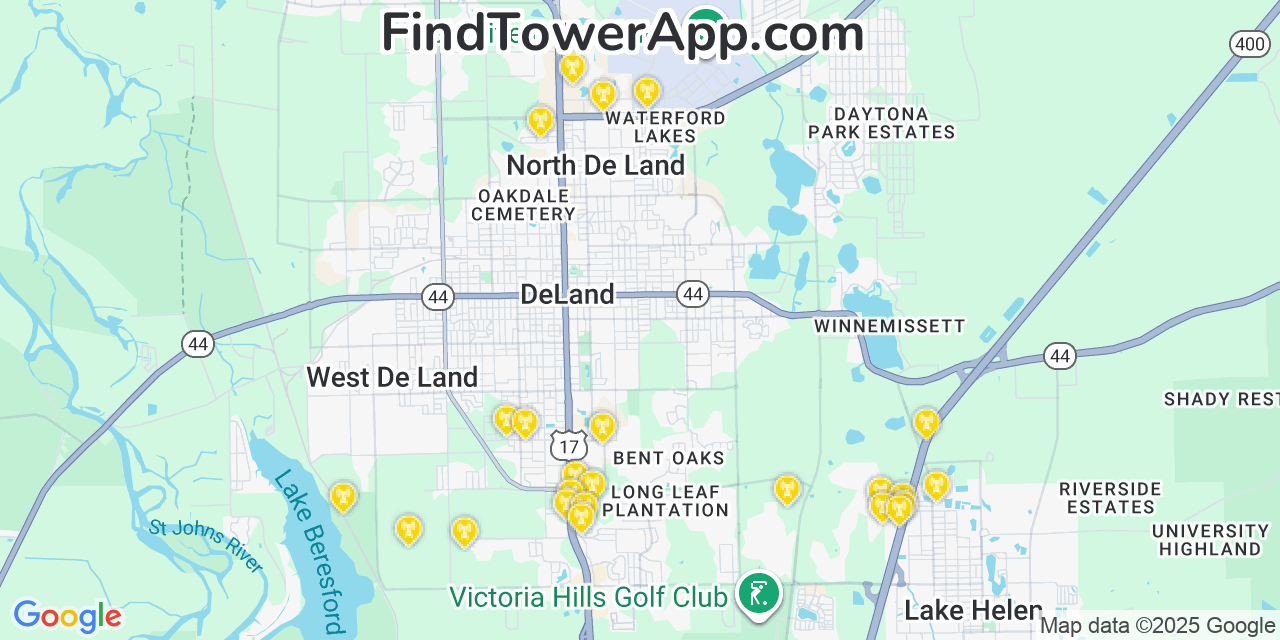 Map showing the 24 primary Verizon cell tower locations detected in North Deland, Florida with coverage radius and signal strength indicators