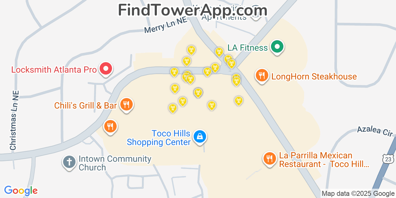 Map showing the 20 primary cell tower locations detected in North Druid Hills, Georgia from AT&T, Verizon, and T-Mobile networks