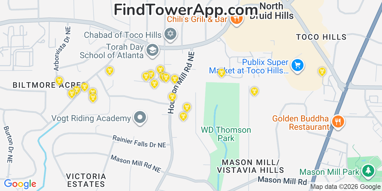 Map showing the 20 primary cell tower locations detected in North Druid Hills, Georgia from AT&T, Verizon, and T-Mobile networks
