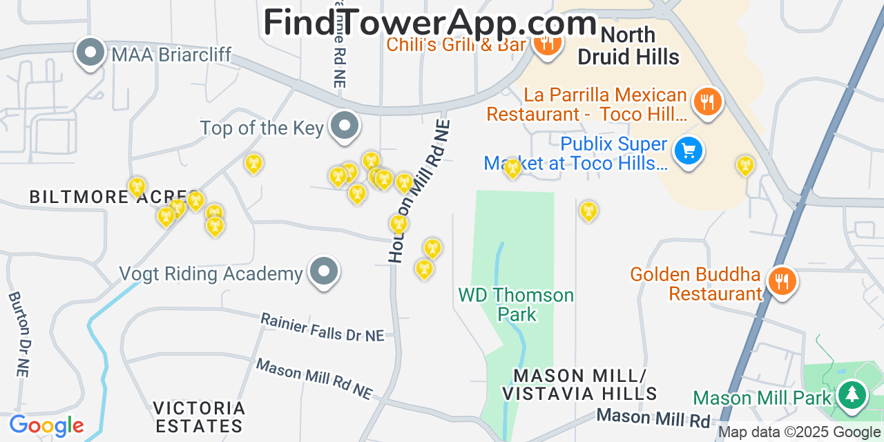 Map showing the 20 primary Mobitel cell tower locations detected in North Druid Hills, Georgia with coverage radius and signal strength indicators