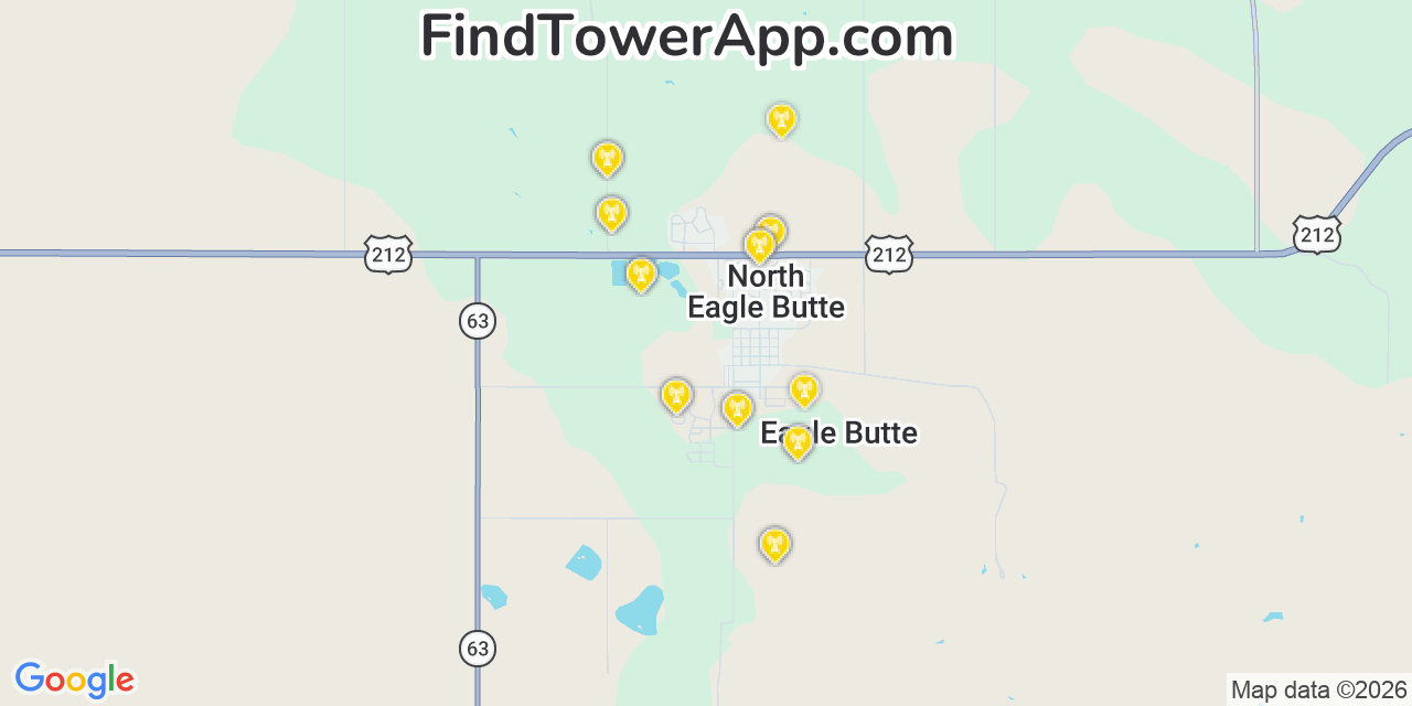 Map showing the 20 primary cell tower locations detected in North Eagle Butte, South Dakota from AT&T, Verizon, and T-Mobile networks