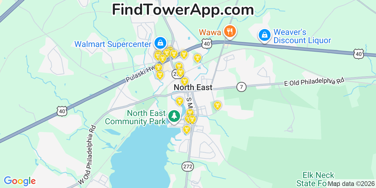 Map showing the 20 primary cell tower locations detected in North East, Maryland from AT&T, Verizon, and T-Mobile networks