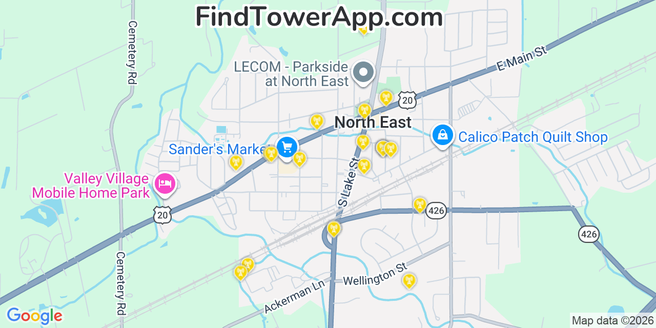Map showing the 20 primary cell tower locations detected in North East, Pennsylvania from AT&T, Verizon, and T-Mobile networks