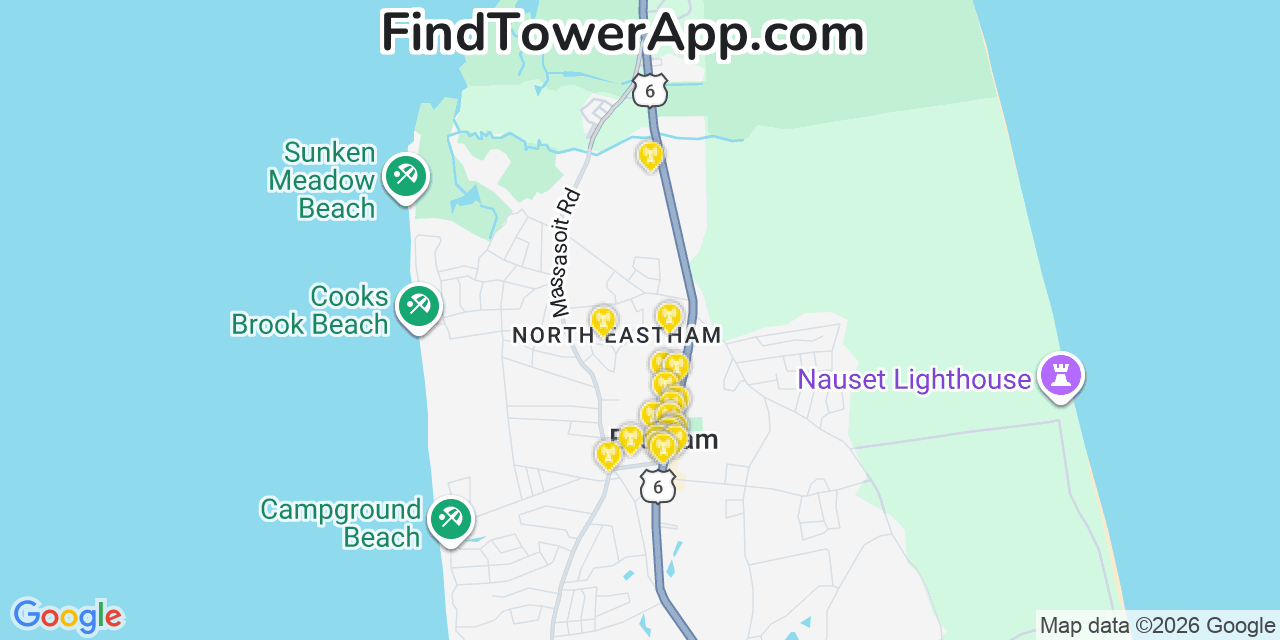 Map showing the 20 primary cell tower locations detected in North Eastham, Massachusetts from AT&T, Verizon, and T-Mobile networks