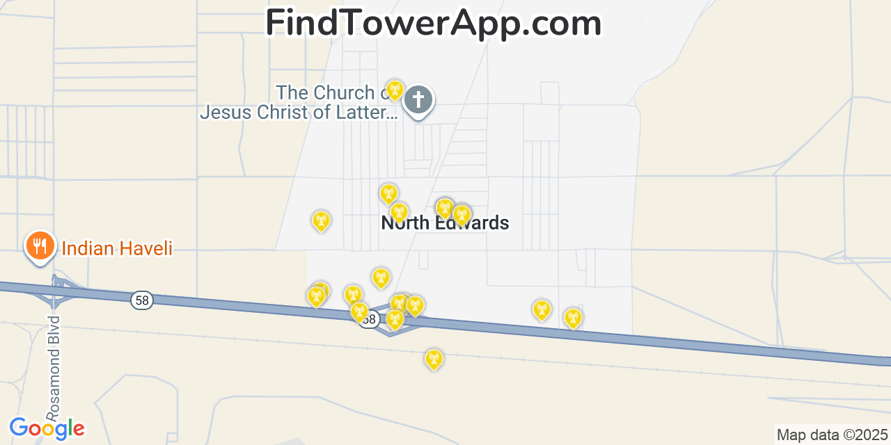 Map showing the 20 primary cell tower locations detected in North Edwards, California from AT&T, Verizon, and T-Mobile networks