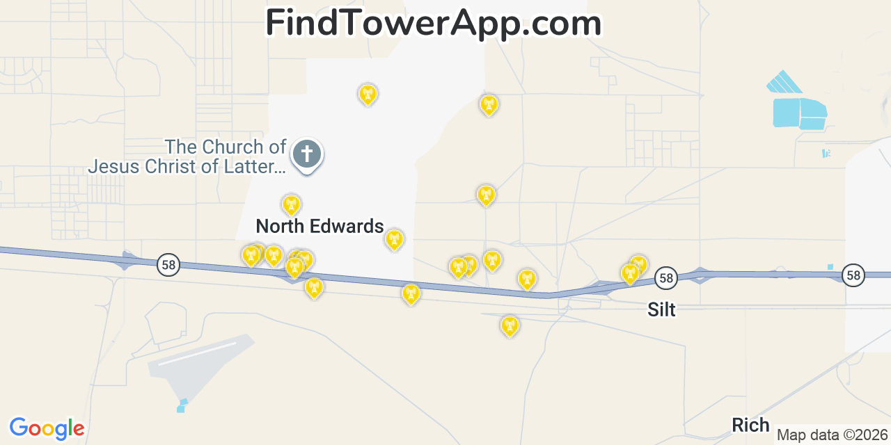Map showing the 20 primary cell tower locations detected in North Edwards, California from AT&T, Verizon, and T-Mobile networks