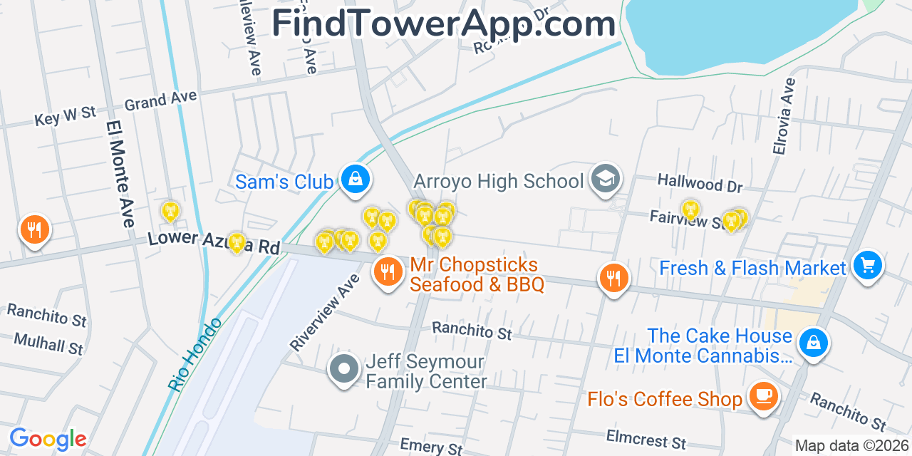 Map showing the 20 primary cell tower locations detected in North El Monte, California from AT&T, Verizon, and T-Mobile networks