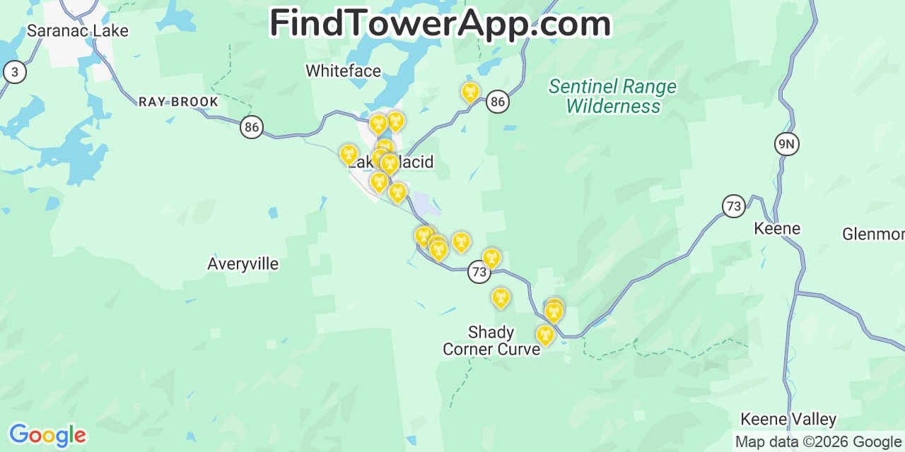 Map showing the 20 primary cell tower locations detected in North Elba, New York from AT&T, Verizon, and T-Mobile networks